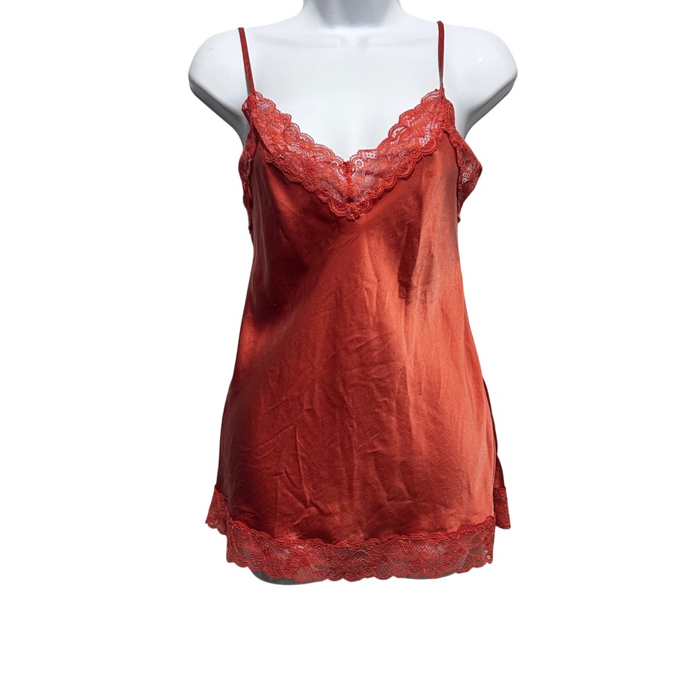 Womens Fairy Indie Satin Lace Trim Babydoll Cami M Burnt Orange Coquette Y2K